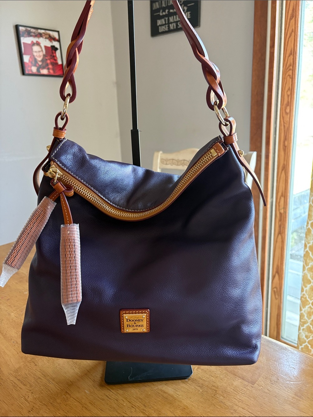 Dooney & Bourke Plum small Sloan pebbled Leather Shoulder Hobo with Tan Trim